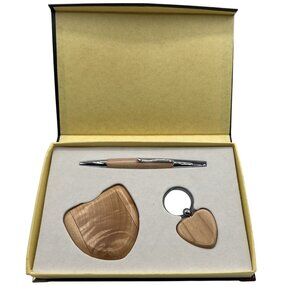Wooden Gift Set Mulberry Wood Heart Pen Mirror Keychain Engrave Holiday Office